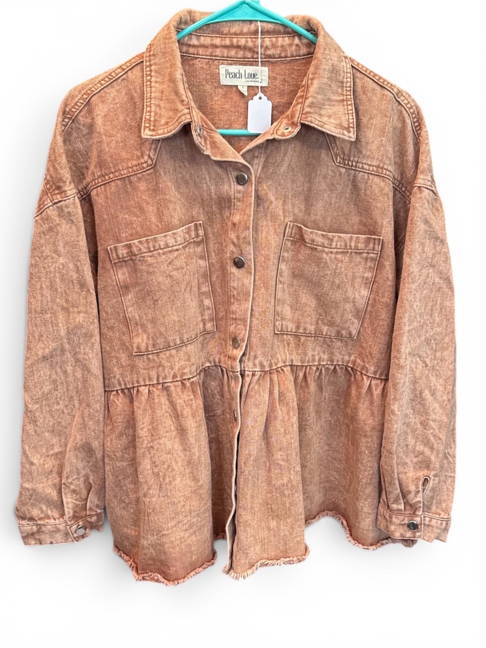 Peach Love California Washed Rust Peplum Jean Jacket Sz Small